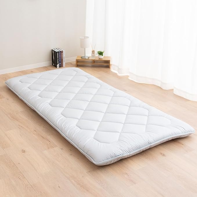 EMOOR Japanese Floor Futon Mattress Anti-Sag Twin-XL Made in Japan 100% Cotton Chip Foam Gray, Shikibuton Foldable Sleeping Bed Tatami Mat