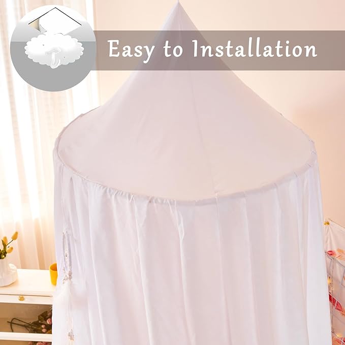 dix-rainbow Princess Bed Canopy for Kids Baby Bed, Round Dome Kids Reading Nook Indoor Outdoor House Tent Hanging Decoration Cotton Canvas White