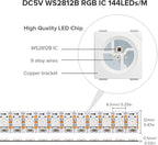 SEZO WS2812B LED Strip Light 3.3FT/1M 144LEDs/m Individually Addressable Programmable 5050SMD Digital RGB Alloy Wires Flexible Dream Color IP30 Non-Waterproof PCB White DC5V