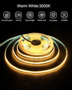 ALITOVE 16.4ft COB Warm White LED Strip Lights 12V 8mm 1600 LEDs High Density LED Tape Light CRI>90 Uniform Glow Diffused COB Led Strip for Indoor Home Bedroom Ambient Lighting(No Adapter & Dimmer)