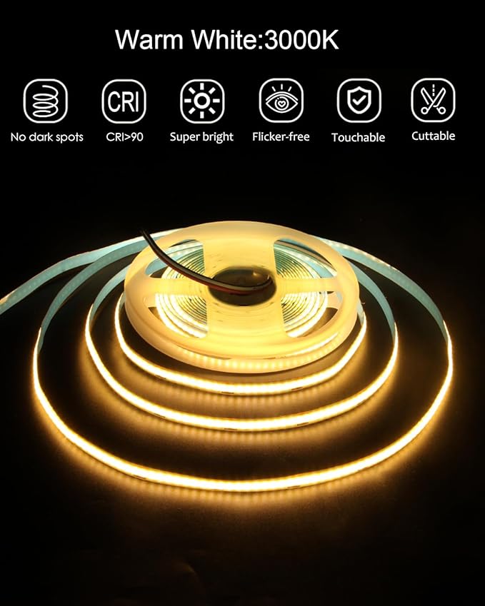 ALITOVE 16.4ft COB Warm White LED Strip Lights 12V 8mm 1600 LEDs High Density LED Tape Light CRI>90 Uniform Glow Diffused COB Led Strip for Indoor Home Bedroom Ambient Lighting(No Adapter & Dimmer)