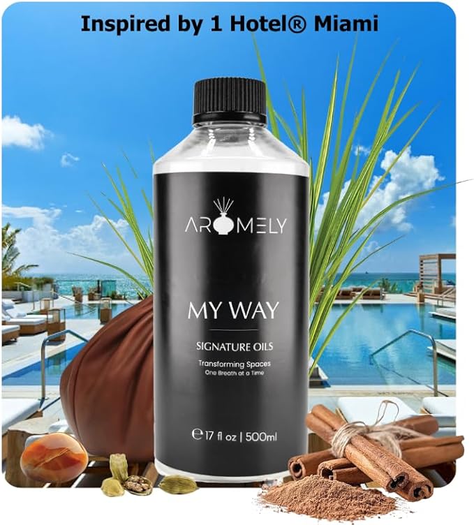 AROMELY My Way Essential Diffuser Oil Blend - Inspired by 1 Hotel® - Luxurious Fragrance with Notes of Leather, Cardamon, Lemon, Cedarwood, Iris and Amber. (500ml (17 Fl Oz), My Way)