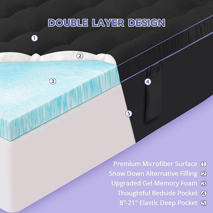 ABENE Twin XL 3 Inch Dual Layer Memory Foam Mattress Topper for College Dorm, 2 Inch Memory Foam Plus 1 Inch Pillowtop Mattress Pad with Deep Pocket, Soft Support for Pressure Relief, Black