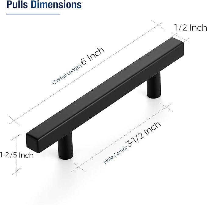 JOY DECOR 10 Pack 3-1/2 Inch Matte Black Square Cabinet Handles Stainless Steel Cabinet Hardware Pulls for Kitchen and Drawers with 6 Inch Overall Length