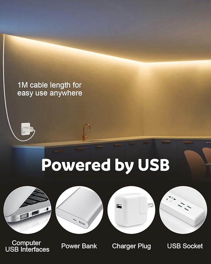 Aclorol USB COB LED Strip Lights Warm White Led TV Backlight 5V 1M 3.28FT 320Leds 3000K CRI85+ COB Flexible Lights with 1M USB Powered for Bedroom Under Cabinet Kitchen DIY Lighting Project