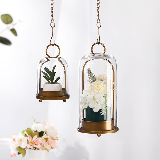 5" & 4" Wide Versatile Metal Candle Holder with Handmade Sturdy Glass Dome in Brass for Pillar Candle & Plants, 5.1" xH11.8 4" xH7.5, Industrial, Farmhouse, Shabby Chic. (2, Brass, Large & Small)