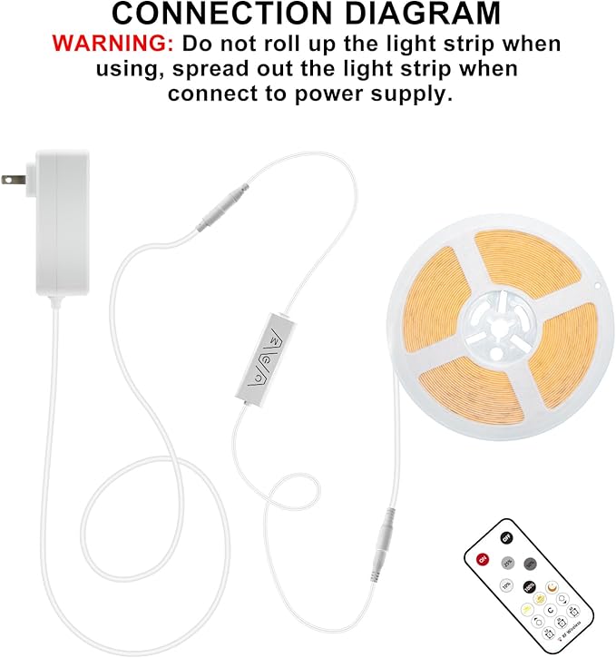 32.8ft COB Led Strip Light with Remote, 6500K Dimmable Bright Daylight White Led COB Strip Light, White Continuous Led Strip Light for Mirror, Stair, Cabinet, Room