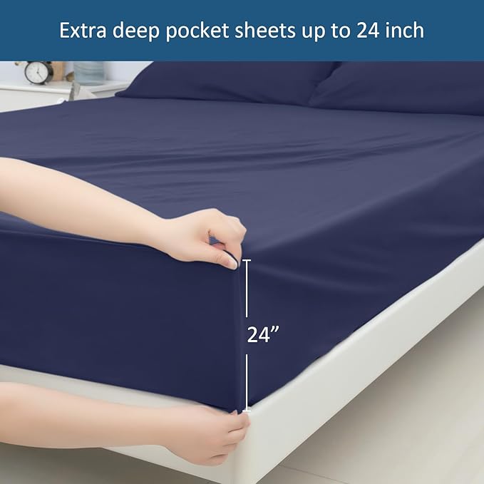 Deep Pocket Twin Sheets Set for Kids Air Mattress - Extra Deep Pocket Twin Sheet Sets - 3Pcs Side Storage Pocket Fitted Sheet & Pillowcases Easily Fits 16in to 24in Pillow Top Bed Mattress - Navy Blue