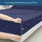 Deep Pocket Twin Sheets Set for Kids Air Mattress - Extra Deep Pocket Twin Sheet Sets - 3Pcs Side Storage Pocket Fitted Sheet & Pillowcases Easily Fits 16in to 24in Pillow Top Bed Mattress - Navy Blue
