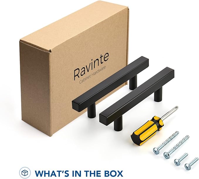 Ravinte 5 Pack Matte Black Cabinet Pulls - Slim 3 Inch Hole Center Drawer Handles - Square Kitchen Hardware for Cabinets and Cupboards