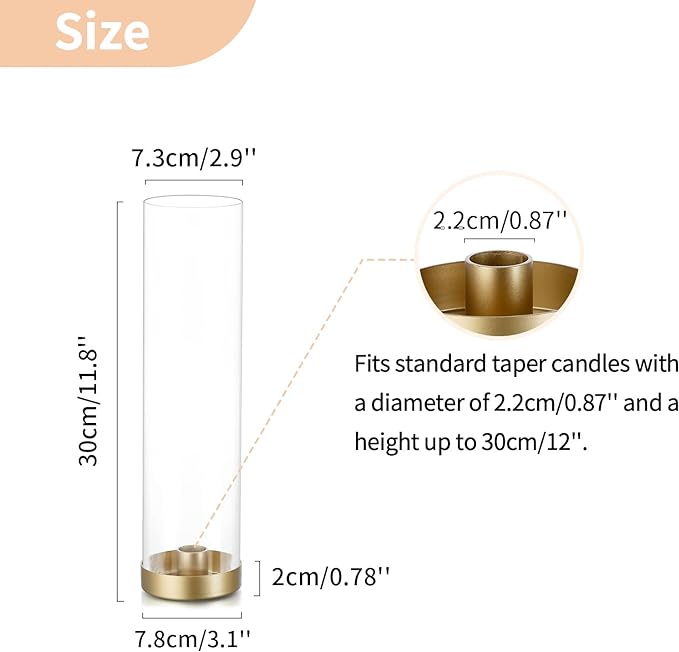 NUPTIO Hurricane Glass Candle Holders: 6 Pcs Gold Metal Taper Candlesticks Holder with 11.81 inch Long Clear Bottomless Cylinder Cover Stands for Wedding Anniversary Bridal Shower Table Centerpiece