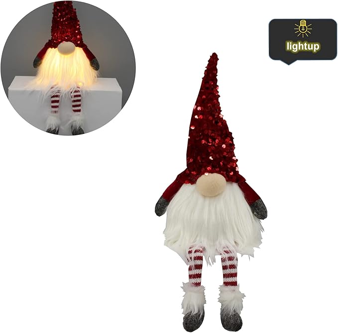 Admired By Nature, Nordic Nisse Gnome, ABN5D011R-RD 17 inch, Christmas Sitting Gnome Plush Tomte Gnome Swedish, Scandinavian Style Decor LED Light Home Décor, Red, Small