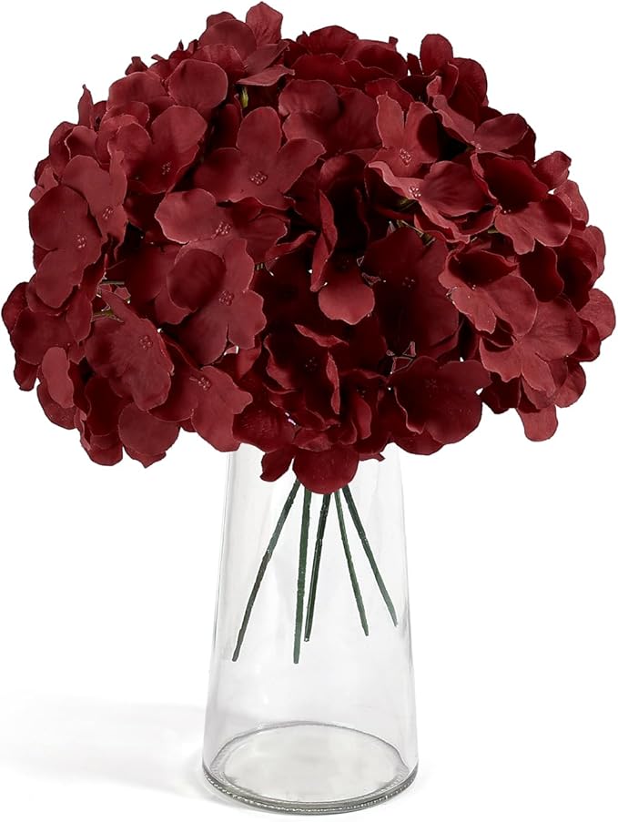 Auihiay 64PCS Burgundy Hydrangea Artificial Flowers, Silk Hydrangea Heads with Stems, Fake Flowers for DIY Wedding Centerpiece, Home, Party, Baby Shower, Garden Decoration (Burgundy)