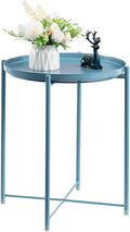 HollyHOME Round Metal Side Table, Outdoor Small Folding Accent Stand with Removable Tray, 17.72'' Portable End Table for Balconies, Gardens, Living Rooms and Bedrooms, Blue