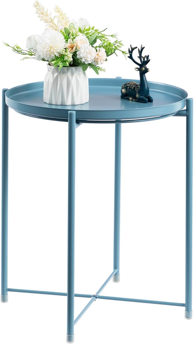 HollyHOME Round Metal Side Table, Outdoor Small Folding Accent Stand with Removable Tray, 17.72'' Portable End Table for Balconies, Gardens, Living Rooms and Bedrooms, Blue