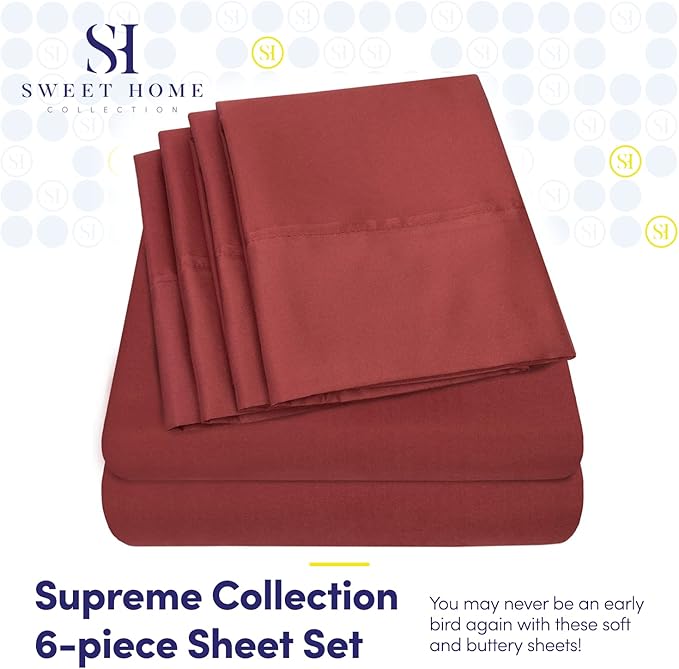Sweet Home Collection 6 Piece 1500 Supreme Collection Brushed Microfiber Deep Pocket Sheet Set-2 Extra Pillow Cases, Great Value, Rv Short Queen, Burgundy