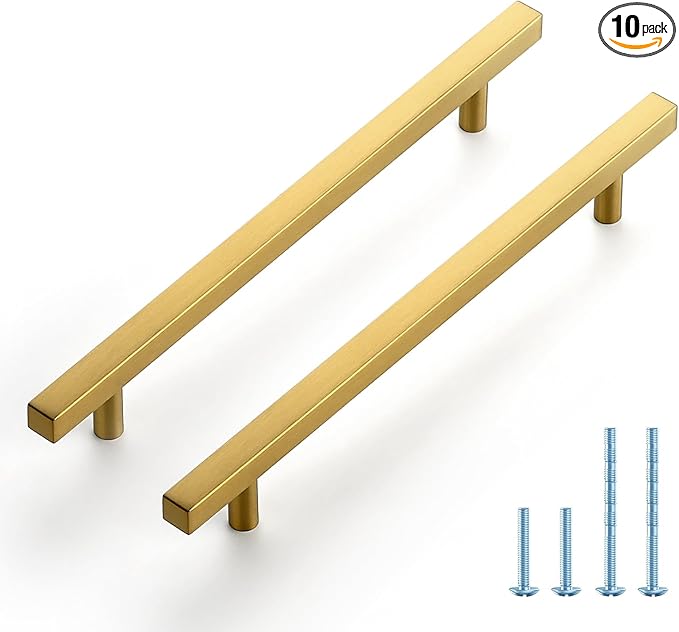 JOY DECOR 10 Pack 7-1/2 Inch Brushed Brass Square Cabinet Handles Stainless Steel Cabinet Hardware Pulls for Kitchen and Drawers with 10 Inch Overall Length