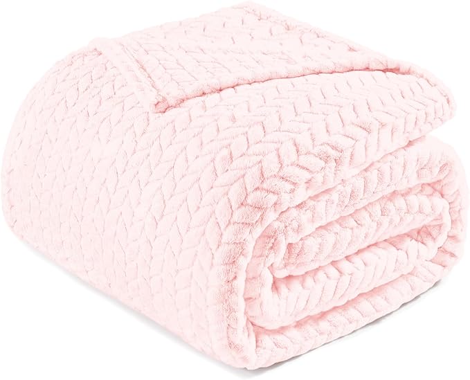 Exclusivo Mezcla Fleece Queen Size Blanket for Bed, 90x90 Inches Soft Cozy Jacquard Flannel Blankets, Lightweight Fuzzy Plush Warm for Winter, Light Pink