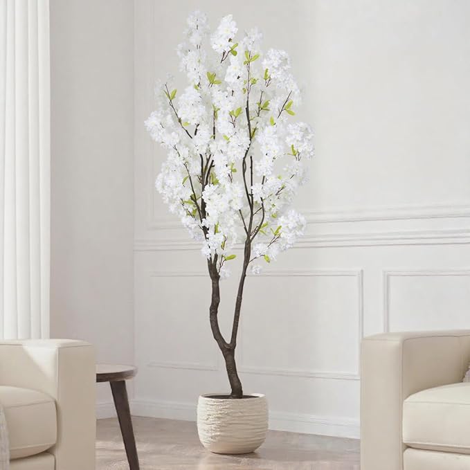 6.56ft White Artificial Cherry Blossom Tree Indoor Decor,Nearly Nature Silk Flower Fake Tree Tall,Realistic Outdoor Faux Cherry Plant Wishing Tree Front Door Handmade for Office Living Room Decor