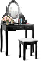 Giantex Vanity Set with Oval Mirror & Cushioned Stool, Makeup Dressing Table Large Storage with 5 Drawers, Mirrored Bedroom Vanities Makeup Table for Kids Girls Women, Easy Assembly (Black)