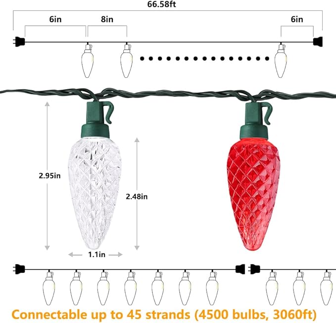 Brizled Red & White Christmas Lights, 66ft 100 LED C9 Faceted Christmas Lights, Connectable Outdoor Strawberry String Light, 120V UL Certified Indoor Xmas Light for Tree House Garden Party & Holiday