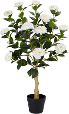 3FT Artificial Camellia Tree, 1 Pcs Fake Camellia Tree Artificial Tree, Faux Floral Plants in Cement Pot, Greenery Potted Plant for Indoor Outdoor Home Office Porch Decor (White)