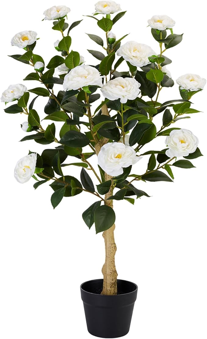 3FT Artificial Camellia Tree, 1 Pcs Fake Camellia Tree Artificial Tree, Faux Floral Plants in Cement Pot, Greenery Potted Plant for Indoor Outdoor Home Office Porch Decor (White)