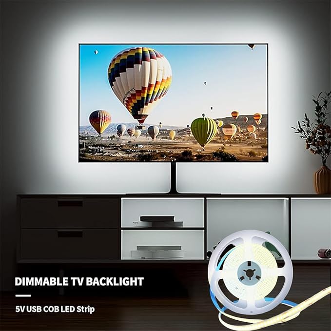 A 5V USB LED Light Strip, COB LED Strip Lights, White 5V LED Lights, Small LED Strip Light, TV Lights for TV Under Cabinet Kitchen Living Room Shelving or Displays (White, 3.28ft)
