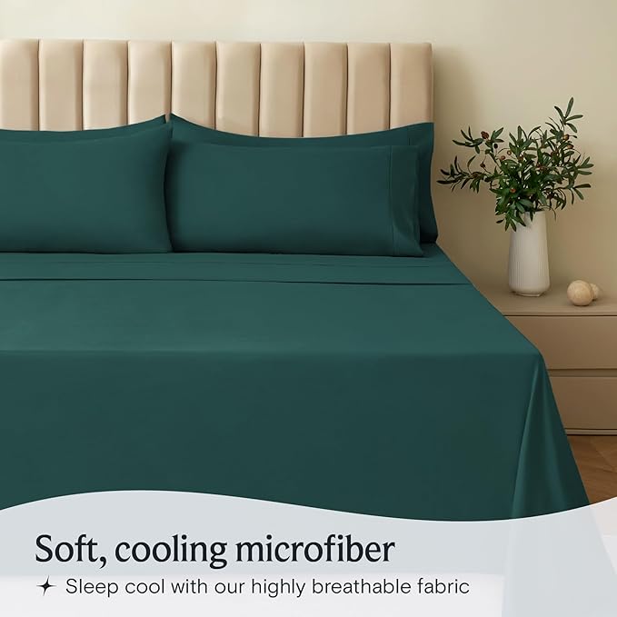 LuxClub 4 PC Queen Sheet Set, Deep Pockets Wrinkle Free Cooling Bed Sheets Hotel Bedding for Women, Men, Kids & Teens, Includes 1 Fitted Sheet, 1 Flat Sheet and 2 Pillowcases - Silky Soft Emerald