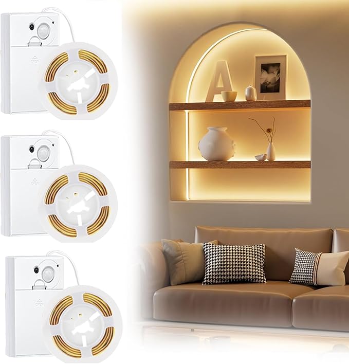 Battery Powered LED Strip Lights, COB Motion Sensor LED Strip Lights 20 inch x 3 Pack for Kitchen Under Cabinet Lighting, Shelves, Under Counter, Closet, Cordless Click Light, Warm White 3000K