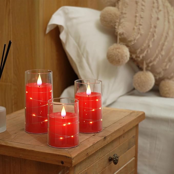 Homemory Flickering Flameless Candles with String Lights, Battery Operated Candles, Embedded String Lights LED Candles, Unbreakable Plexiglass Candle with Remote, Set of 3, Red