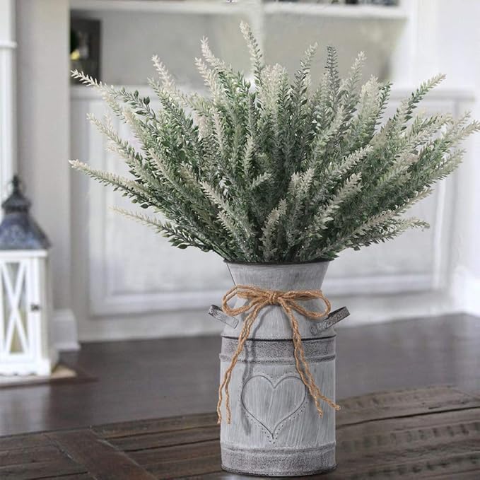 Artificial Lavender Flowers with Vase,Fake Lavender Plant Artificial in Metal Vase for Kitchen Counter Rustic Farmhouse Decor (Heart,White)