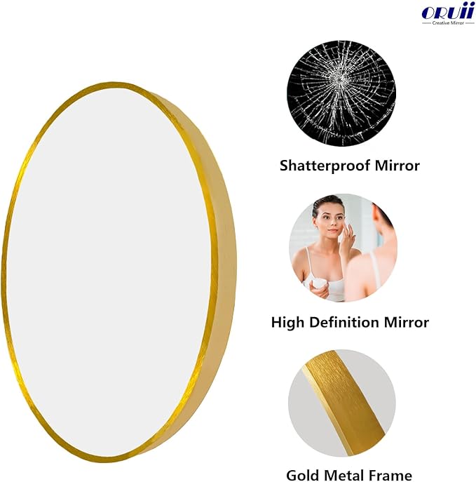 Gold Round Mirror, Gold Round Mirror 24 inch, Circle Wall Mirrors Metal Frame, Golden Circular Mirrors for Wall, Living Room, Bathroom, Entryway, Vanity, Hallway.