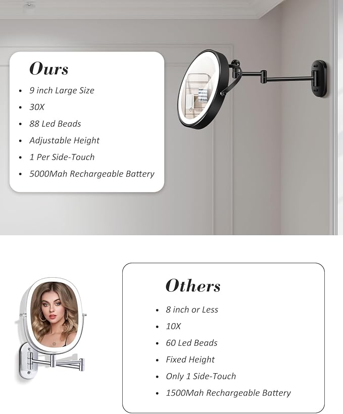30X/1X Wall Mounted Lighted Makeup Mirror, 9'' Height Adjustable Double Sided 5000mAh Rechargeable Magnifying Bathroom Mirror with Light, 3 Color Modes Touch Dimmable Extended Arm 360 Rotation
