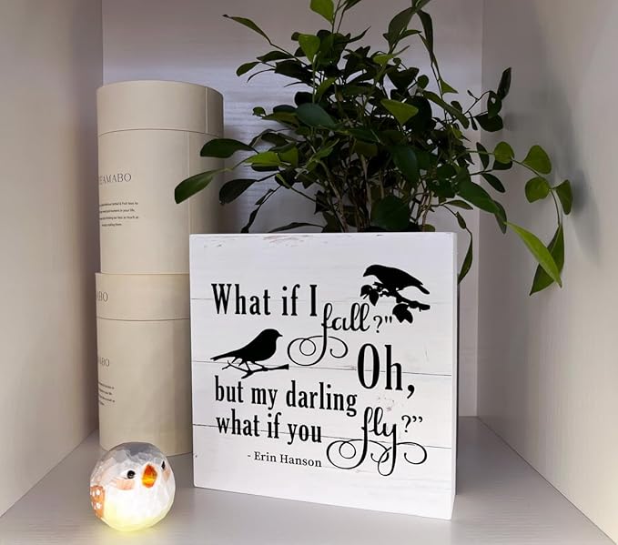 Inspirational Wood Signs, Wooden Box Sign Desk Decor, Table Art Signs, Nursery Decor, Kids Bedroom Decor, Rustic Farmhouse Decor for Shelf, What If I Fall Oh But Darling What If You Fly