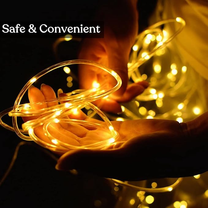 JMEXSUSS 100 LED Battery Operated Rope Lights Outdoor Waterproof, 33ft 8 Modes Battery Powered String Lights with Remote Outdoor for Trampoline Camping Tent Patio Garden Christmas Decor (Warm White)