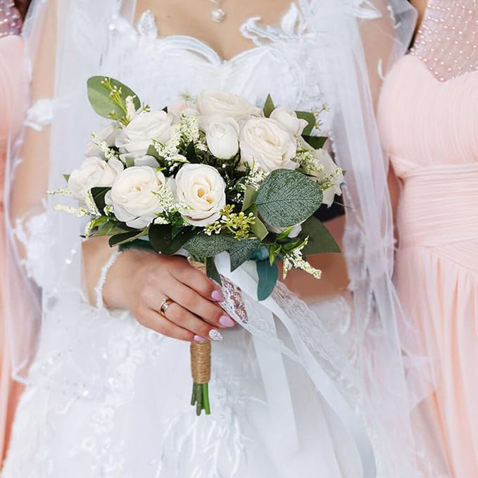 Artificial White Rose Wedding Bouquet - Faux Bride & Bridesmaid Bouquet for Wedding Decor