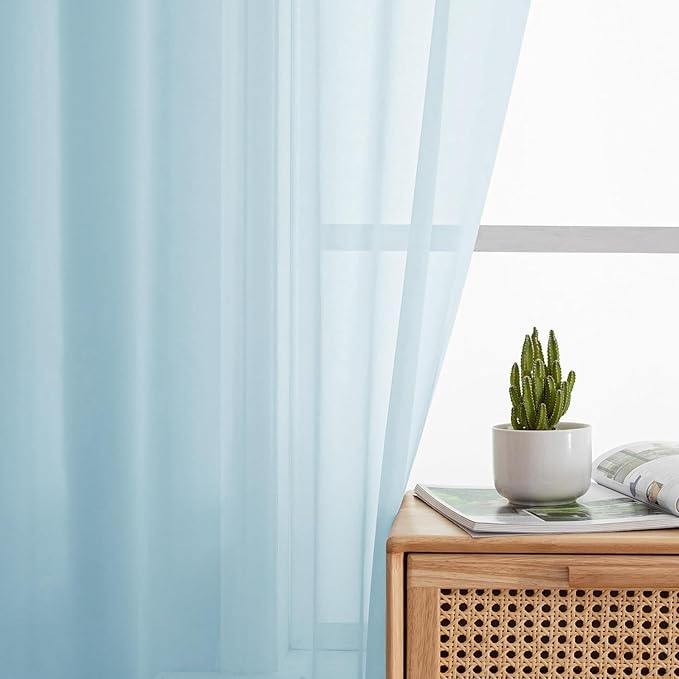 Aiyufeng 2 Pack: Basic Sky Blue Sheer Curtain Drapes 96 Inch Length 2 Panels for Living Room, Light Filtering Voile Drapes for Bedroom, Patio, Sliding Door, Each 42" W x 96" L