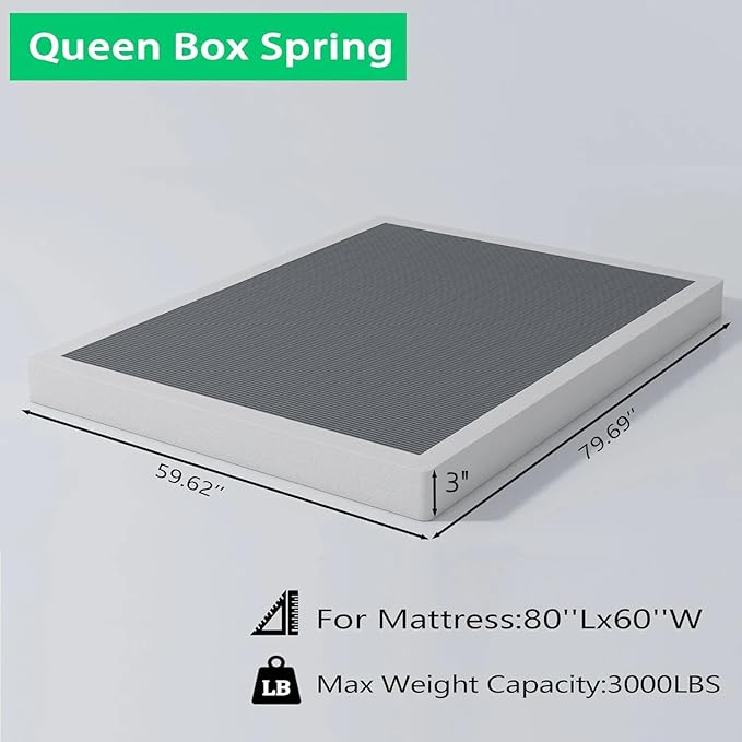 ALDRICH Low Profile Box Spring Queen Size,3 Inch Heavy Duty Metal Box Spring for Queen Bed,Mattress Foundation Non-Slip/No Noise/Easy Assembly (Queen)