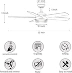 YUHAO 52 Inch Brushed Nickel Ceiling Fan with Light and Remote Control.Noiseless,Dimmable,3CCT,6 Speeds Reversible, DC Ceiling Fans for Indoor or Covered Outdoor
