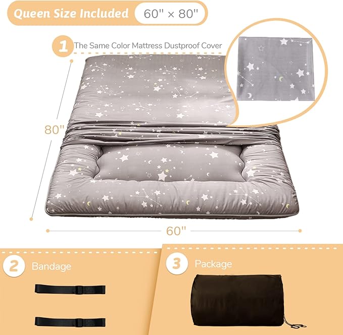 MAXYOYO Grey Constellation Japanese Floor Futon Mattress, Tatami Floor Mat Portable Camping Mattress Kids Sleeping Pad Foldable Roll Up Floor Lounger Couch Bed with Mattress Protector Queen Size