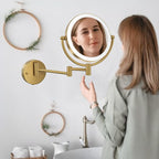 8" Wall Mounted Lighted Makeup Mirror with Magnification Rechargeable, 1X/10X Double Sided, 3 Color Lighting Touch Dimmable 360 Swivel Extendable Arm Vanity Shaving Mirror, Brushed Moderne Brass