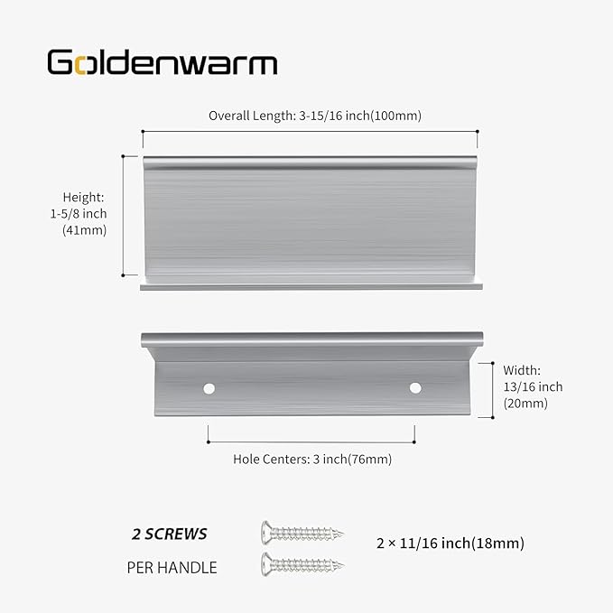 goldenwarm 100 Pack Brushed Nickel Finger Edge Pulls Drawer Finger Pulls Kitchen Hardware Handles Bedroom Dresser Drawers, 3in Hole Centers