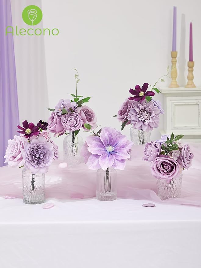 Alecono Artificial Flowers, Purple Fake Flowers Combo Box with Stems for DIY Wedding Bridal Bouquets, Cake Party Table Centerpieces Home Decor