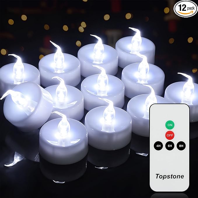 Topstone Remote Controlled LED Tea Light,White Flickering Bulb,Long Lasting Battery Operated LED Votive Candle with Timer,Pack of 12