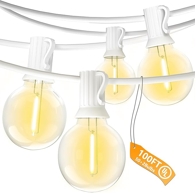 SUNSGNE G40 Globe White String Lights Outdoor - 100FT White Patio Lights with 52 Shatterproof Dimmable LED Bulbs(2 Spare) for Room Party Bistro Pergola Tents Decor