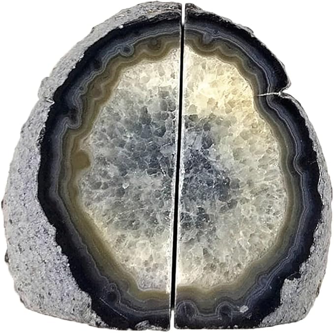 AMOYSTONE Geode Bookends Heavy Duty AgateStone Bookend Decorative Large Crystal Quartz Book Natural Black with Rubber Bumpers(1 Pair, 6-8 LBS)
