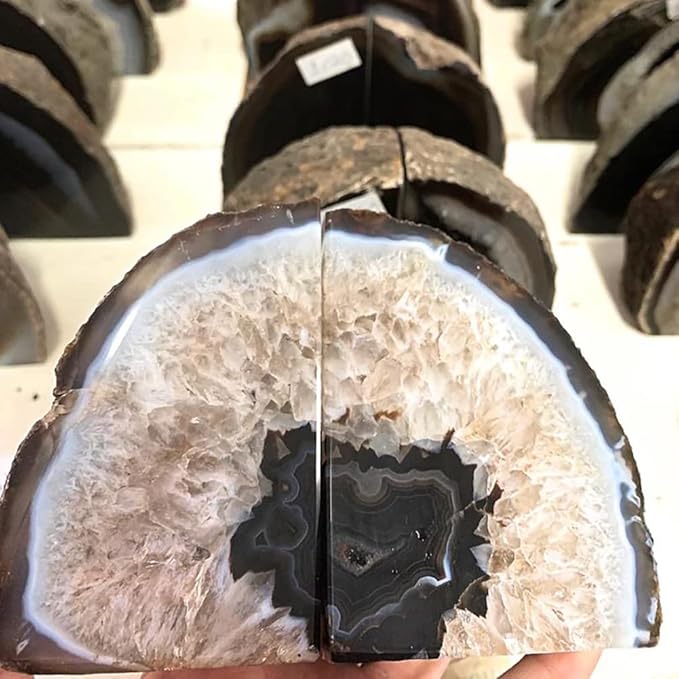 AMOYSTONE Geode Bookends Heavy Duty AgateStone Bookend Decorative Large Crystal Quartz Book Natural Black with Rubber Bumpers(1 Pair, 6-8 LBS)
