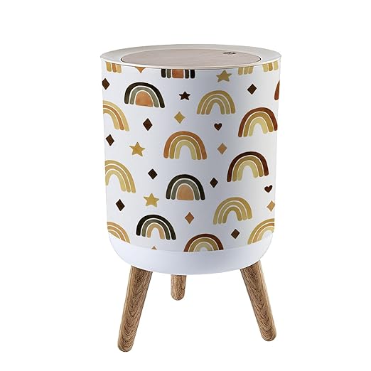 Small Trash Can with Lid Scandinavian Boho Nursery Rainbow Neutral Gender Colors Watercolor Garbage Bin Pet Proof Waste Basket for Kitchen Bathroom Office Bedroom Decorative 1.8 Gallon