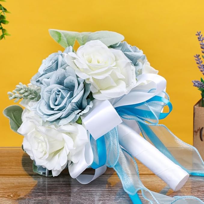 Artificial Rose Wedding Bouquets - Ribbon Faux Bridal Bouquets for Bride & Bridesmaid - Holding Flower for Wedding Decor